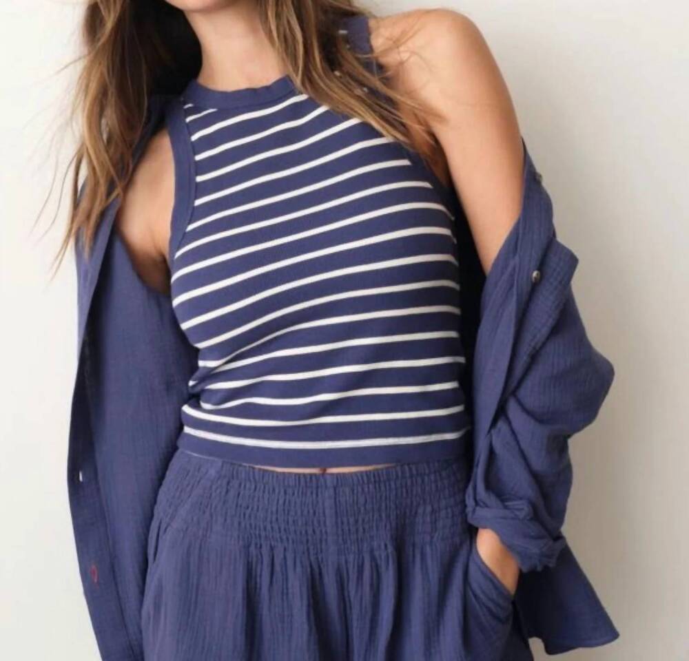NEW MARINE LAYER lexi rib sun-in high neck crop tank top in bay blue/white strip